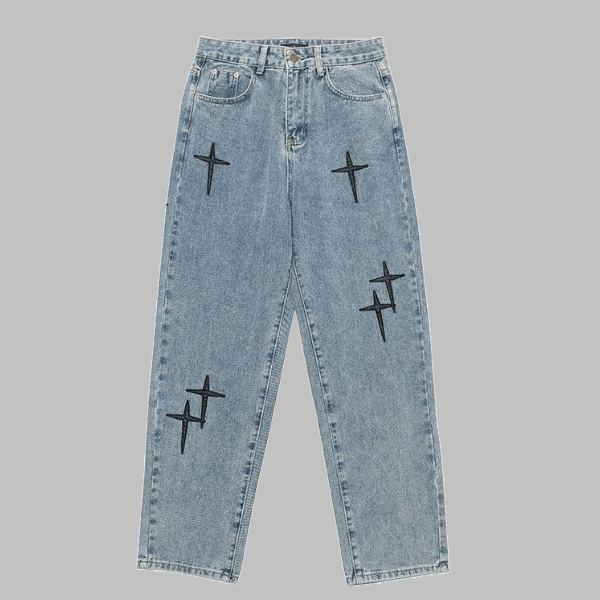 Vintage Cross Patch Jeans - Chic Loose Straight Trousers - Zyllor