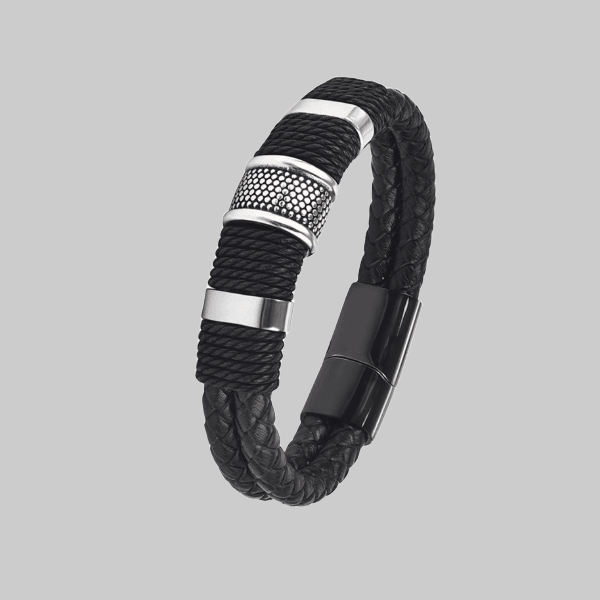 Black Woven Leather Bracelet – Titanium Steel Bangle - Zyllor